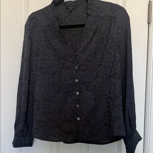 Current Air Split Neck Puff Sleeve Animal Leopard Jacquard Top Charcoal XS